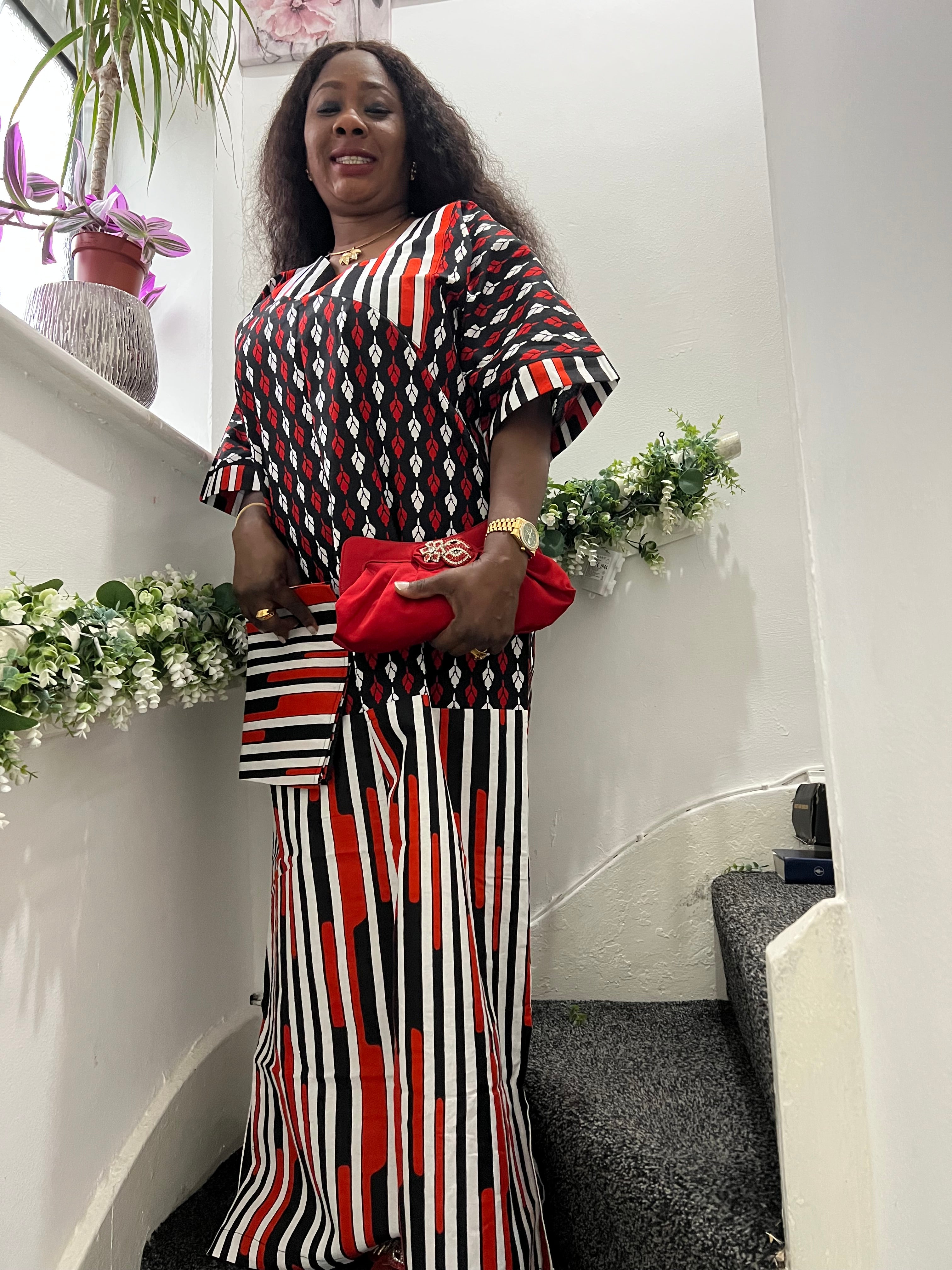 African Ankara High Target Kaftan - Red, White & Black - UK Size 10/12/14