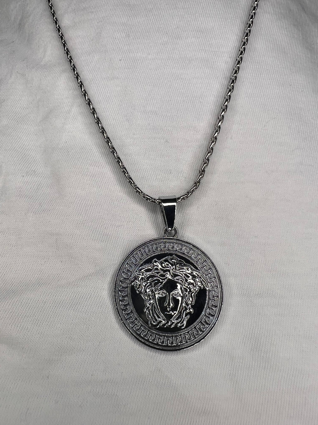 Men's Silver Necklace with Versace-Inspired Design Pendant - 24 Inches Fade-Free