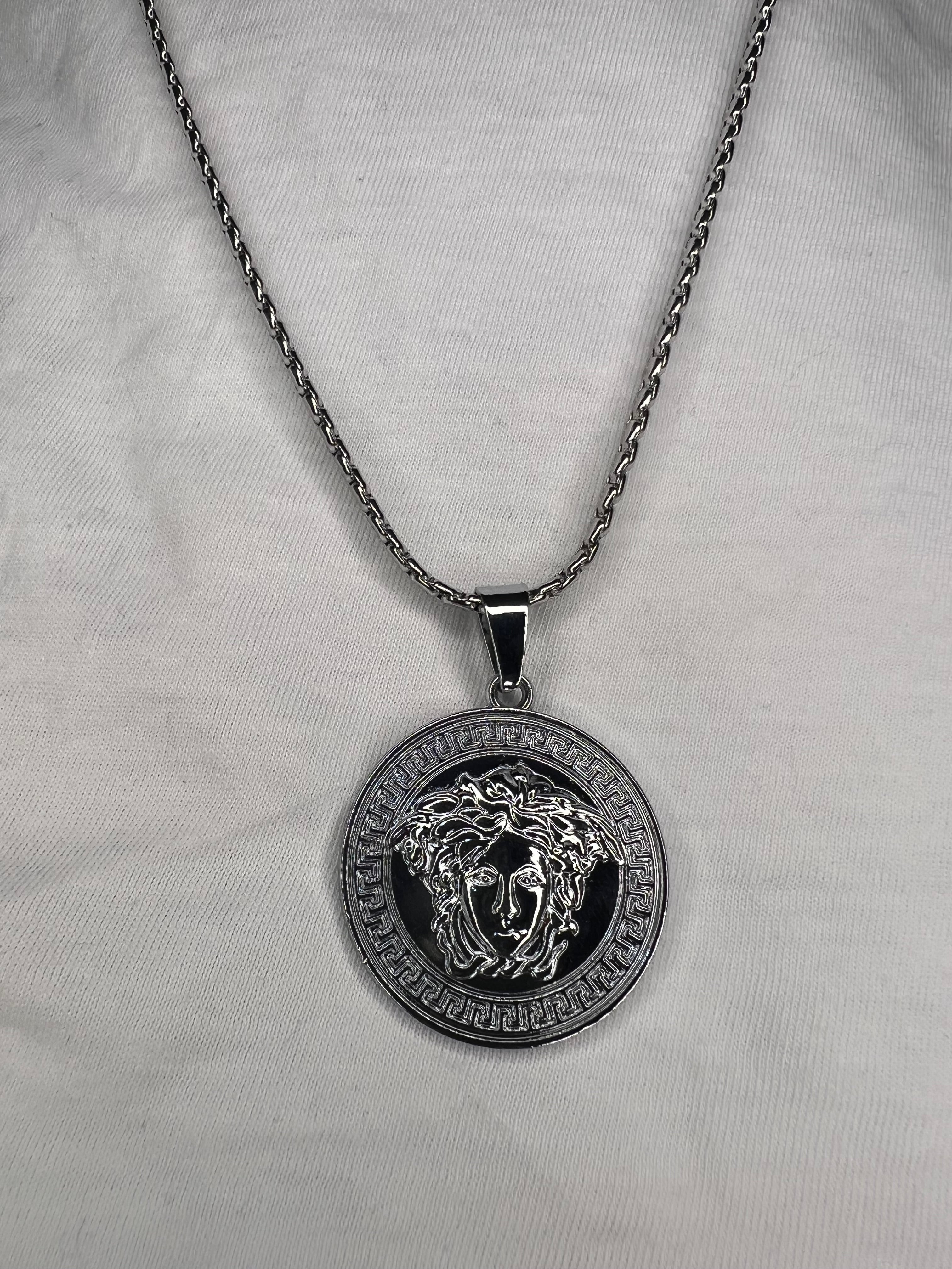 Men's Silver Necklace with Versace-Inspired Design Pendant - 24 Inches Fade-Free