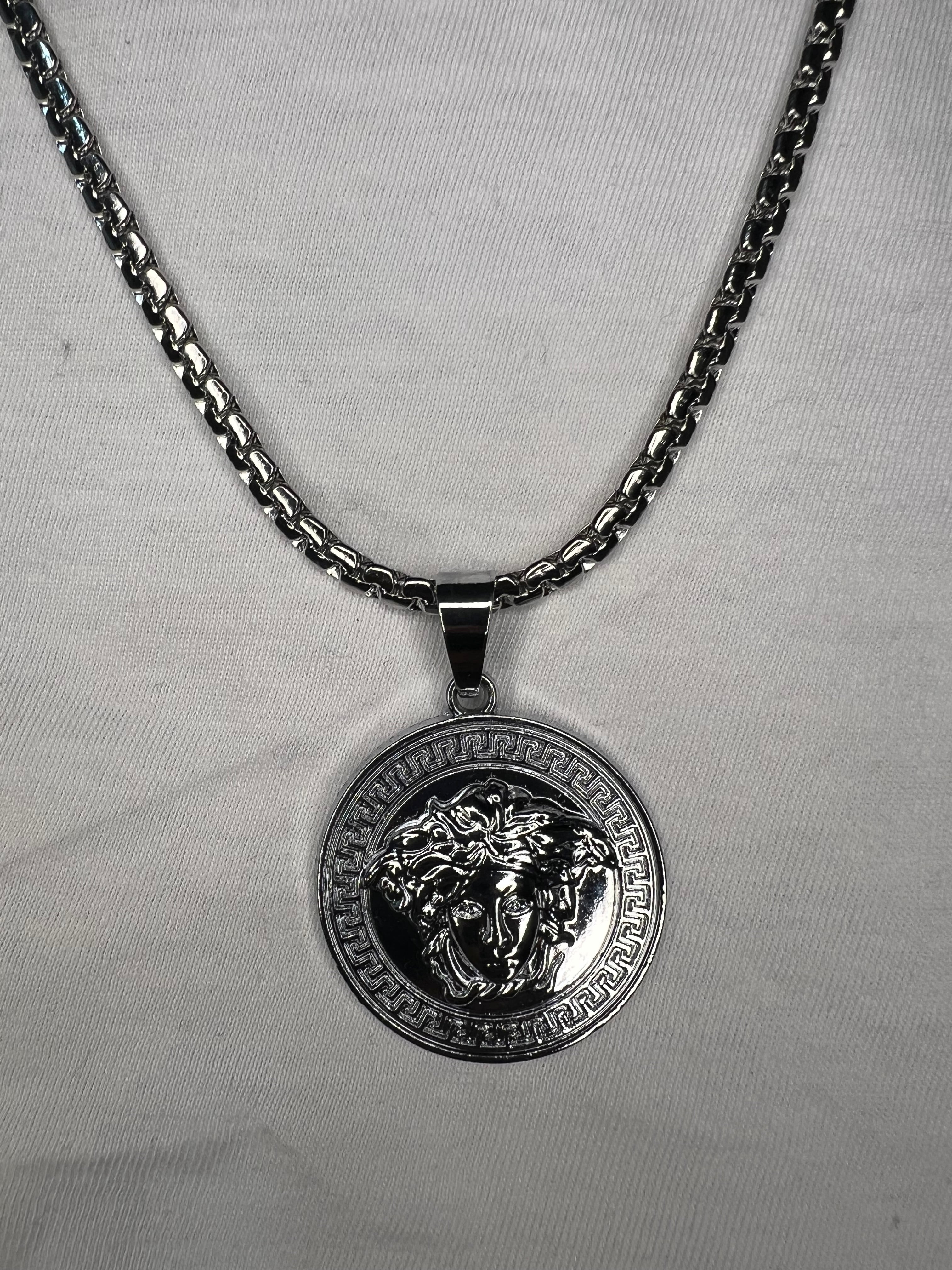 Men's Silver Necklace with Versace-Inspired Design Pendant - 24 Inches Fade-Free
