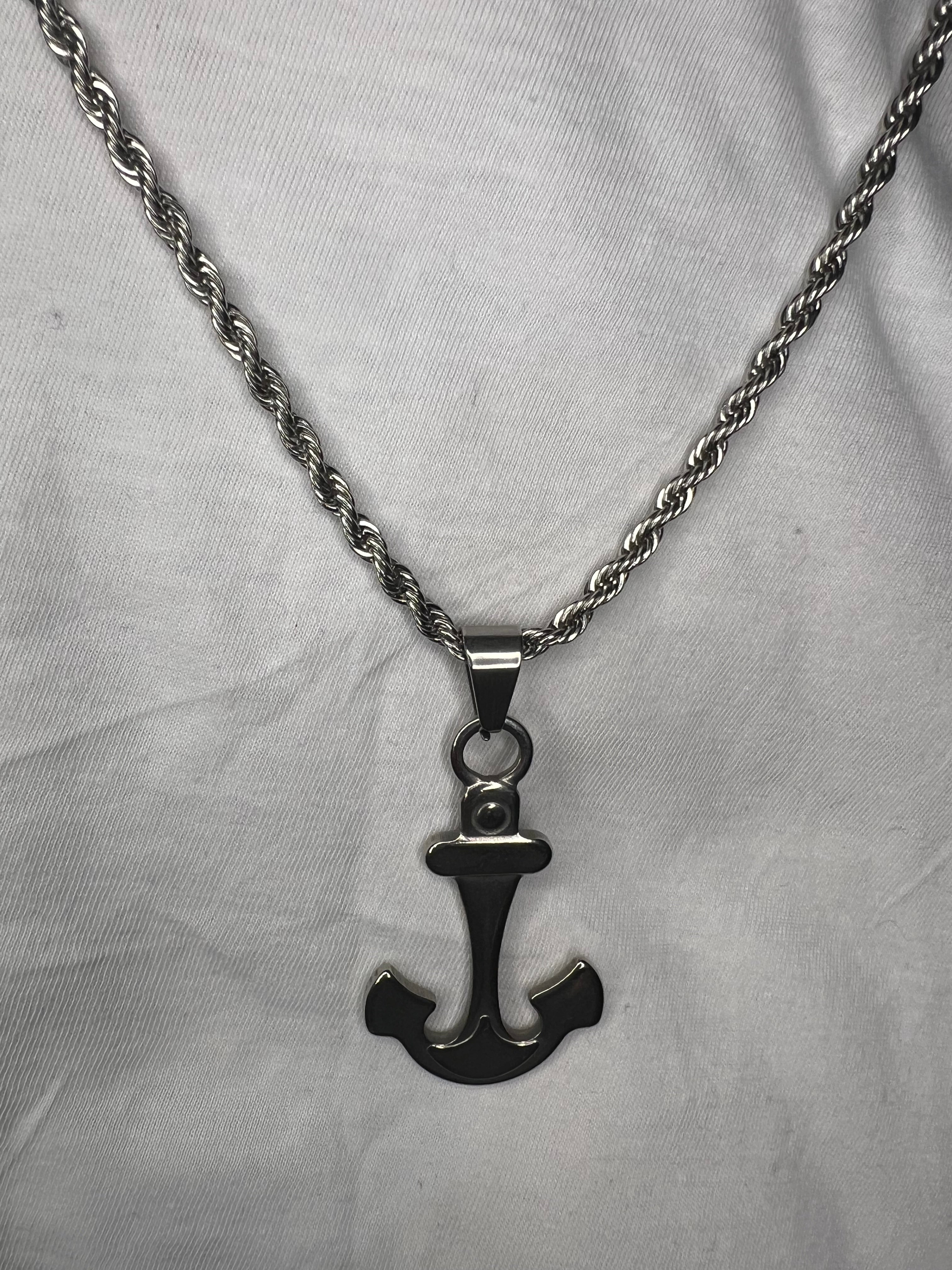 Men's Twisted Stainless Steel and Anchor Pendant Silver Necklace - 24 Inches