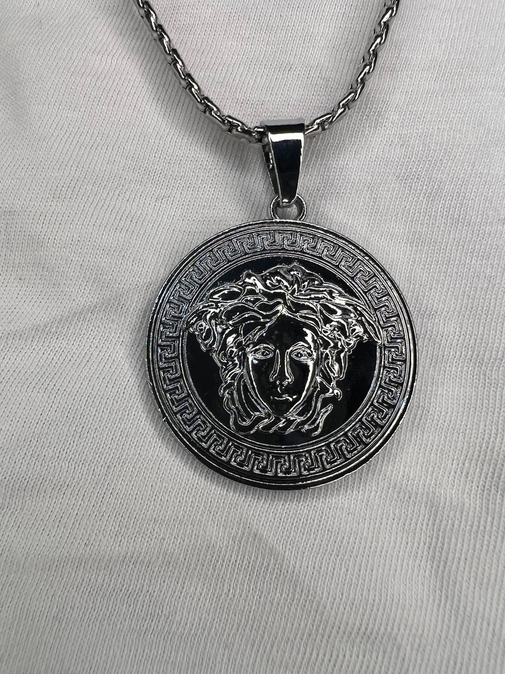 Men's Silver Necklace with Versace-Inspired Design Pendant - 24 Inches Fade-Free