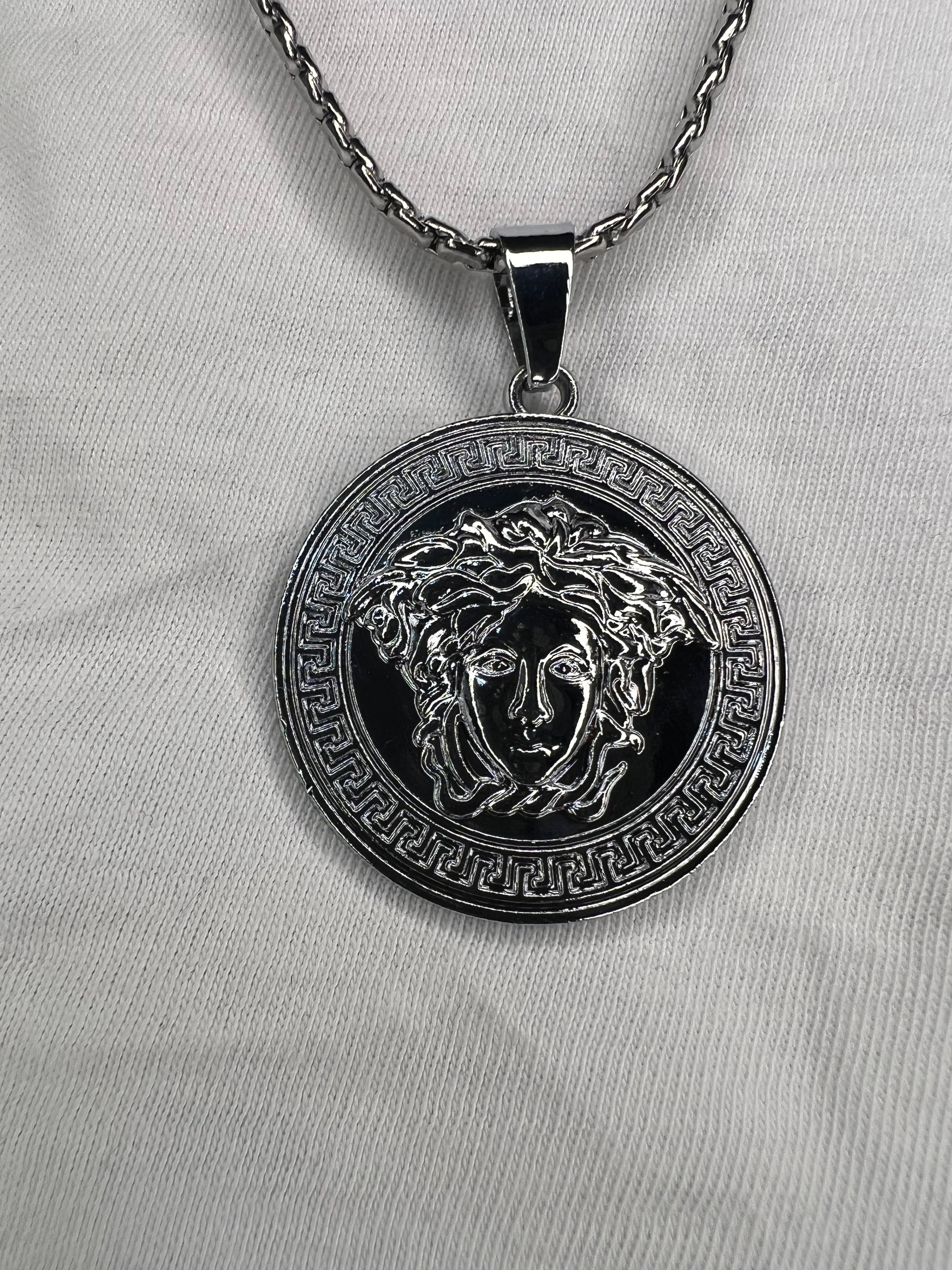 Men's Silver Necklace with Versace-Inspired Design Pendant - 24 Inches Fade-Free