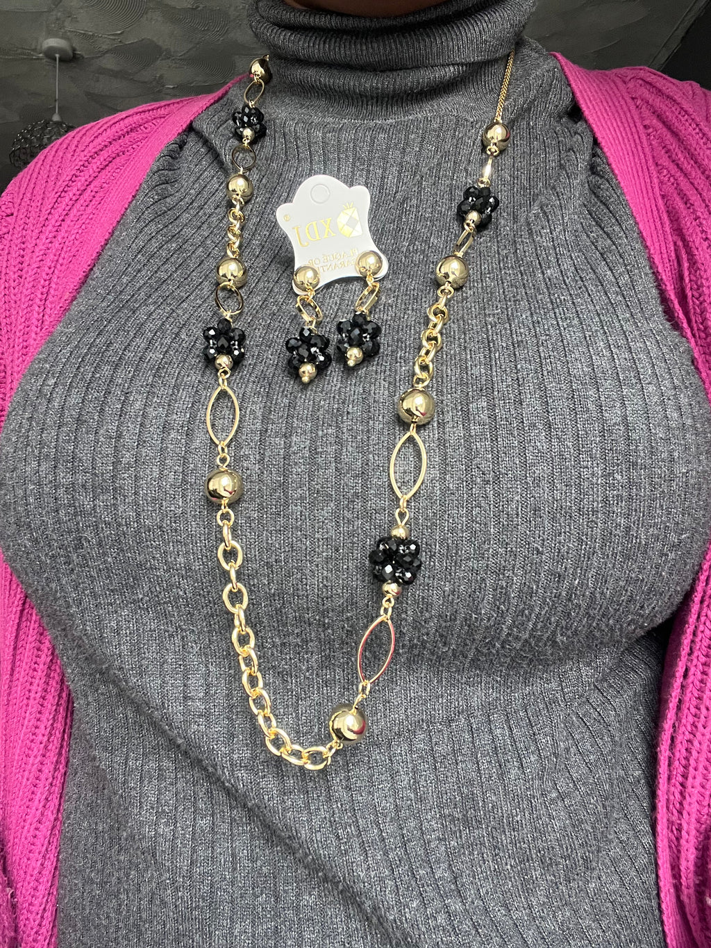 Fancy Long Necklace - Gold with Black Beads Fade Free