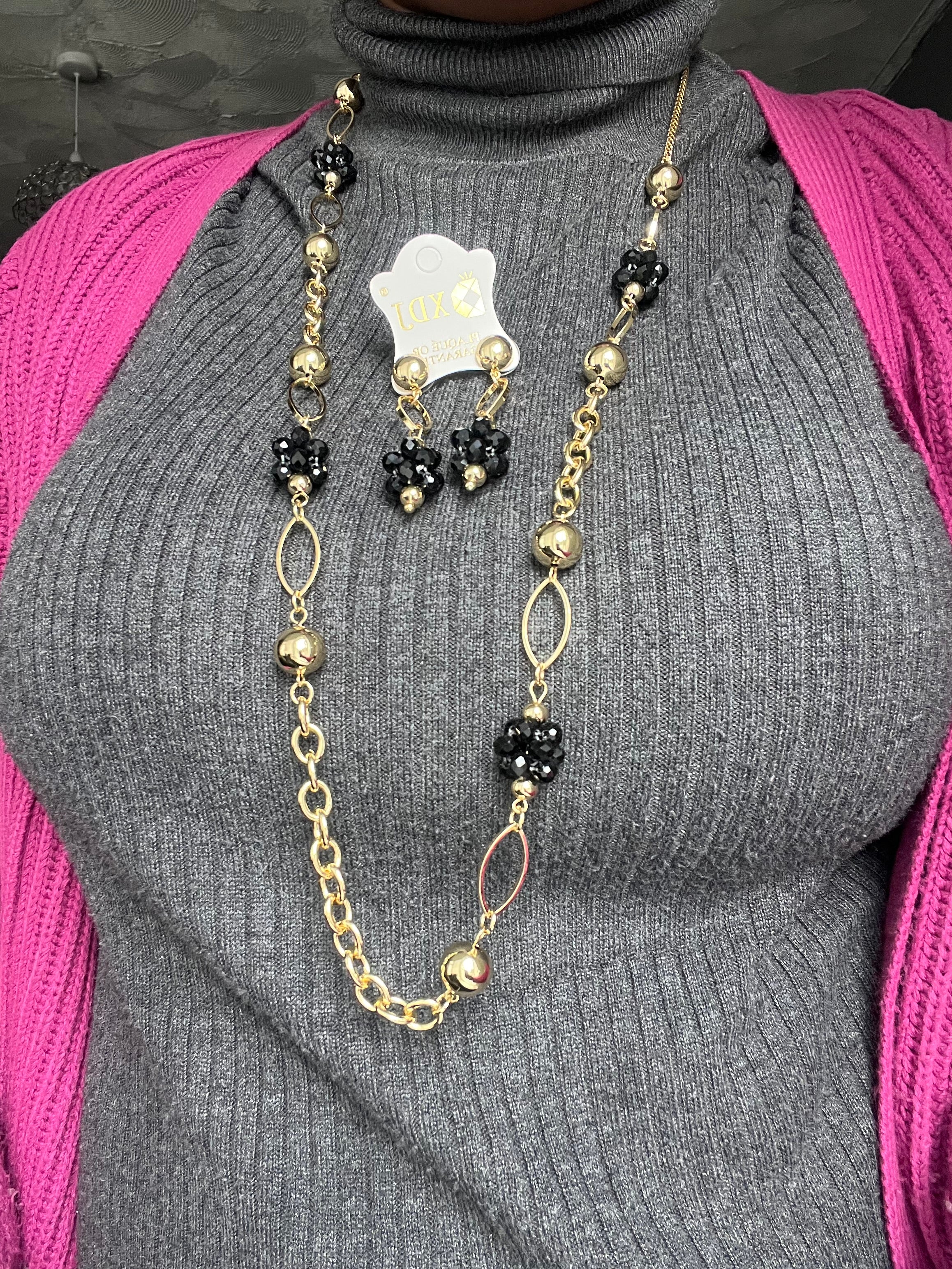 Fancy Long Necklace - Gold with Black Beads Fade Free