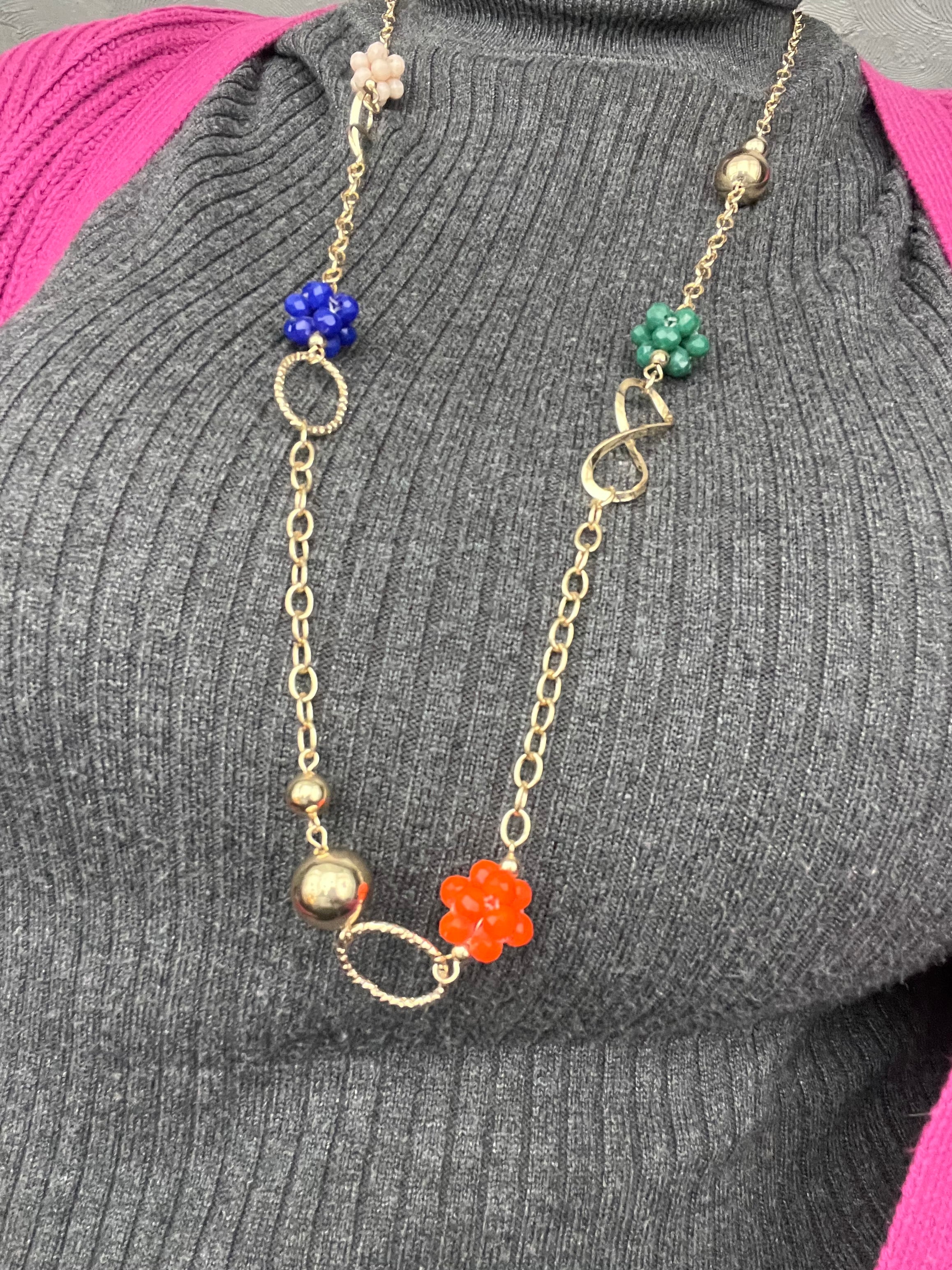Fancy Long Necklace with Colourful Crystal Beads