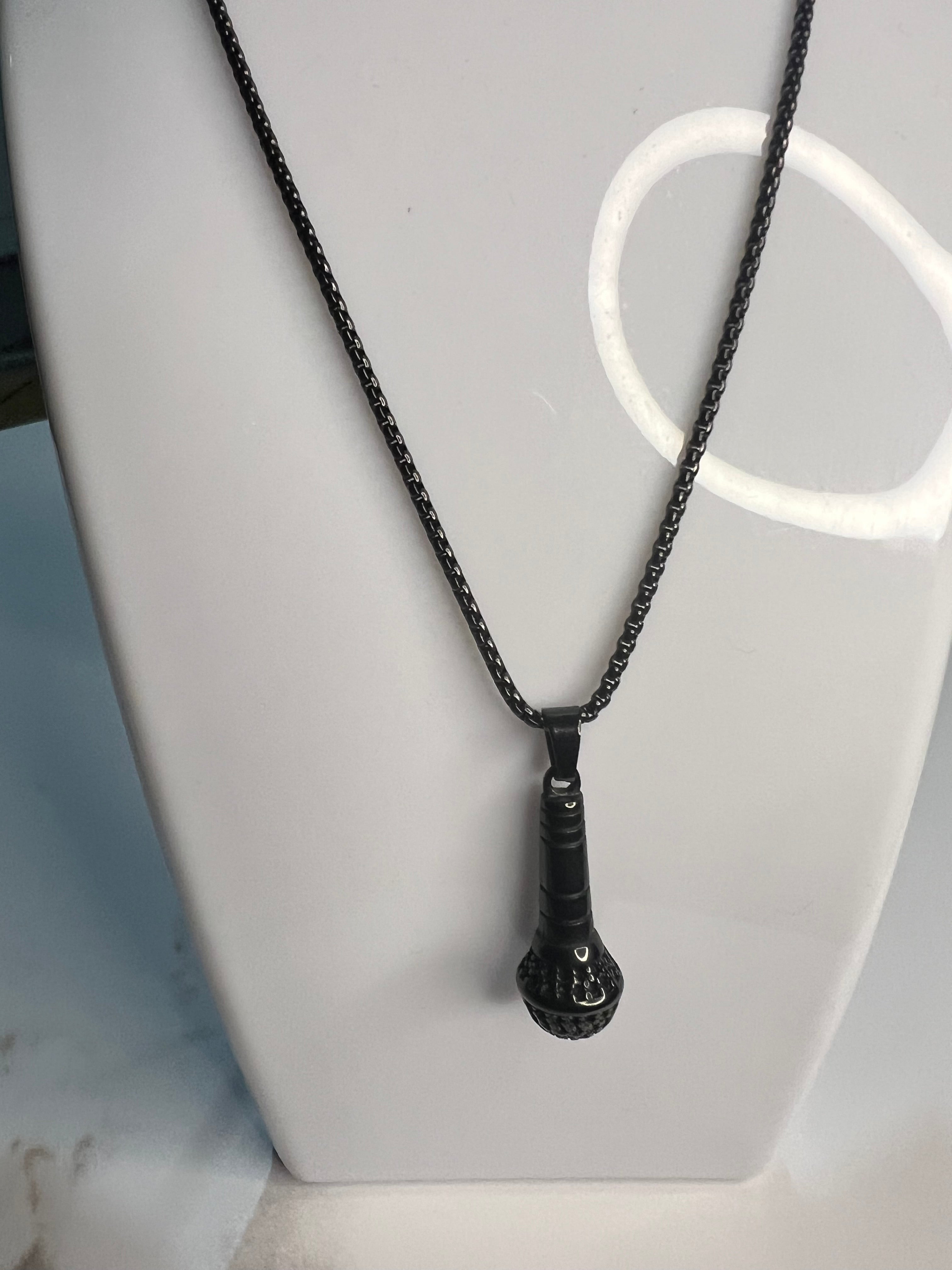 Stainless Steel Men's Necklace with Microphone Pendant - Black