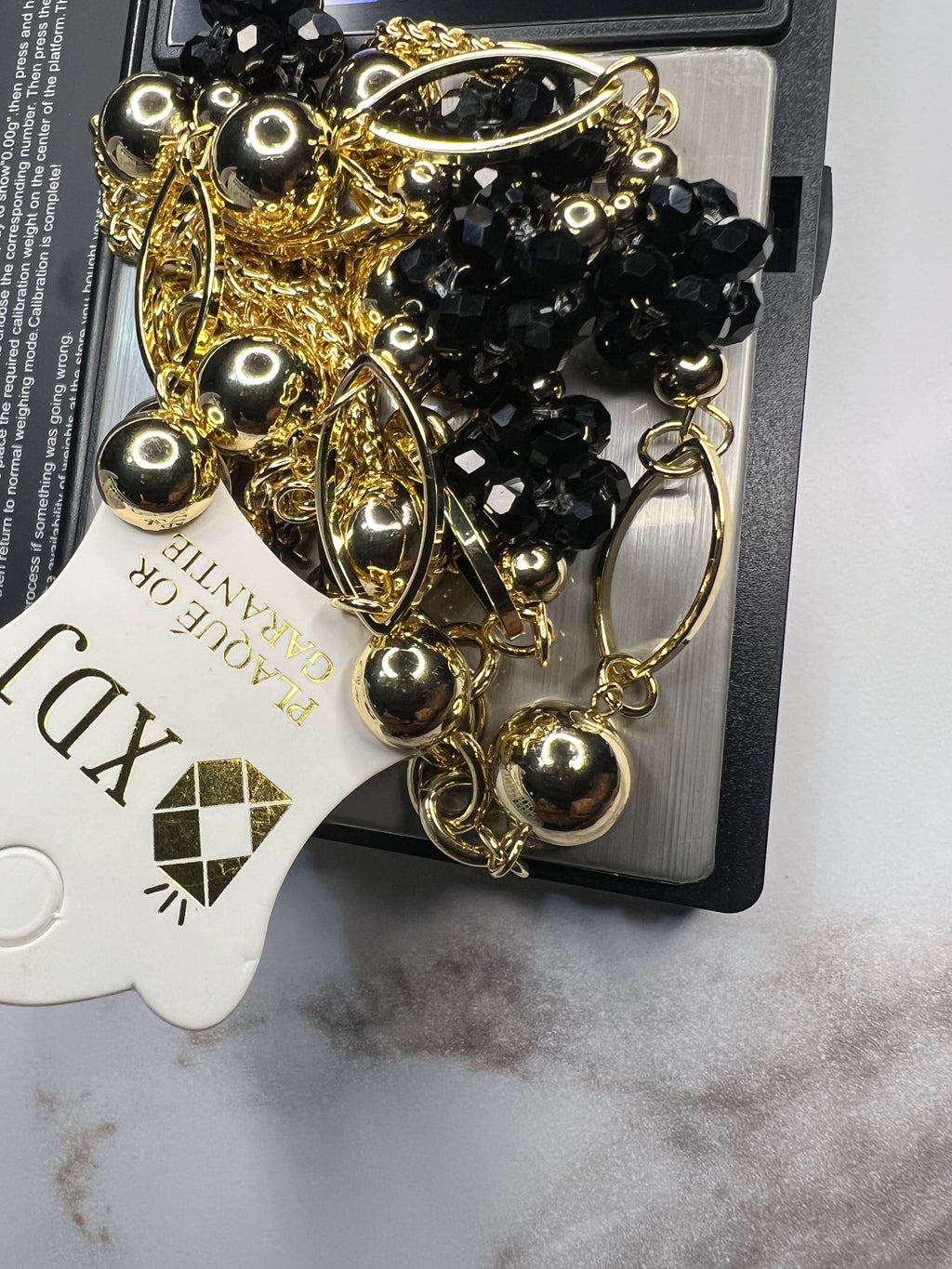 Fancy Long Necklace - Gold with Black Beads Fade Free