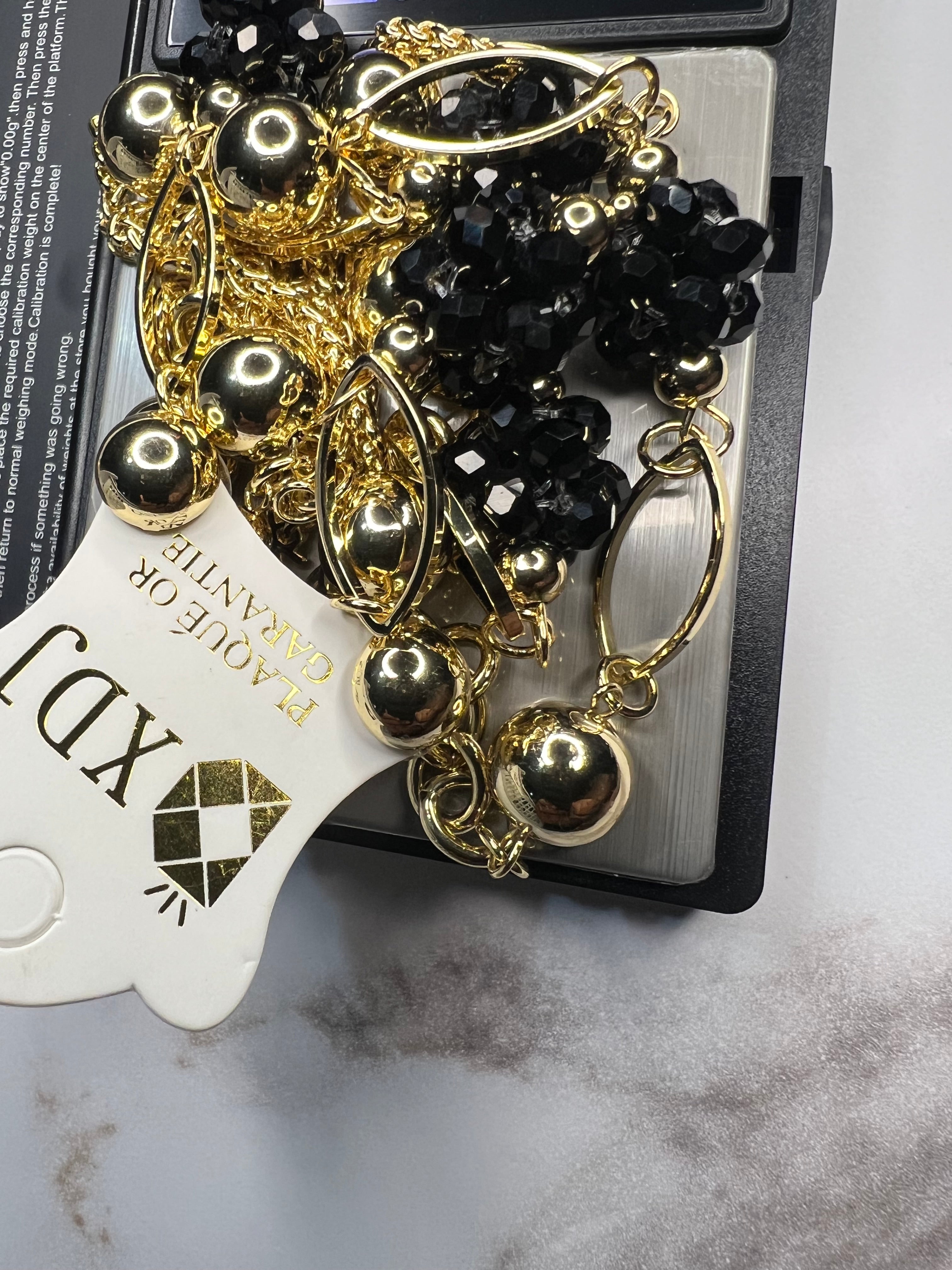 Fancy Long Necklace - Gold with Black Beads Fade Free