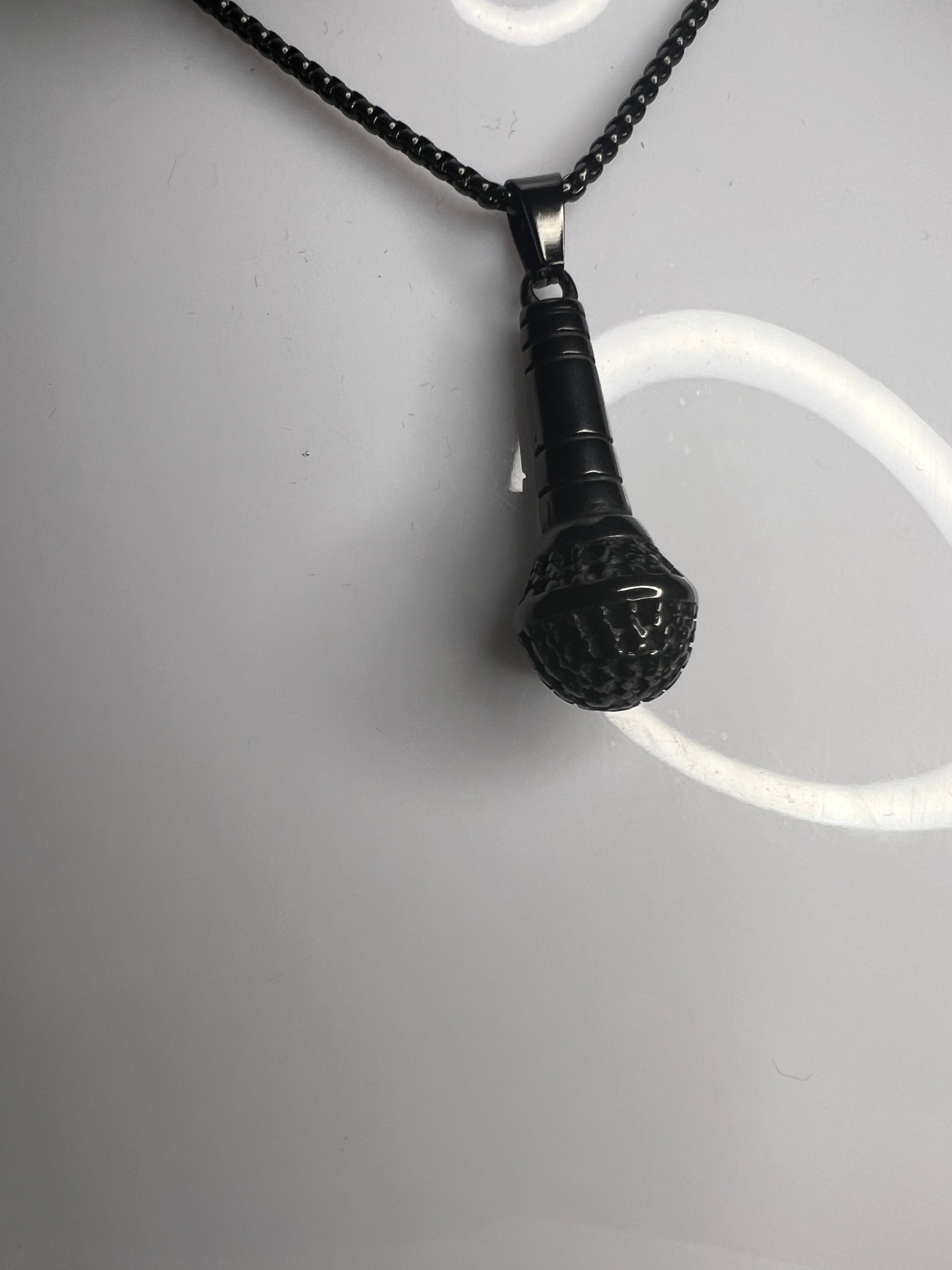 Stainless Steel Men's Necklace with Microphone Pendant - Black