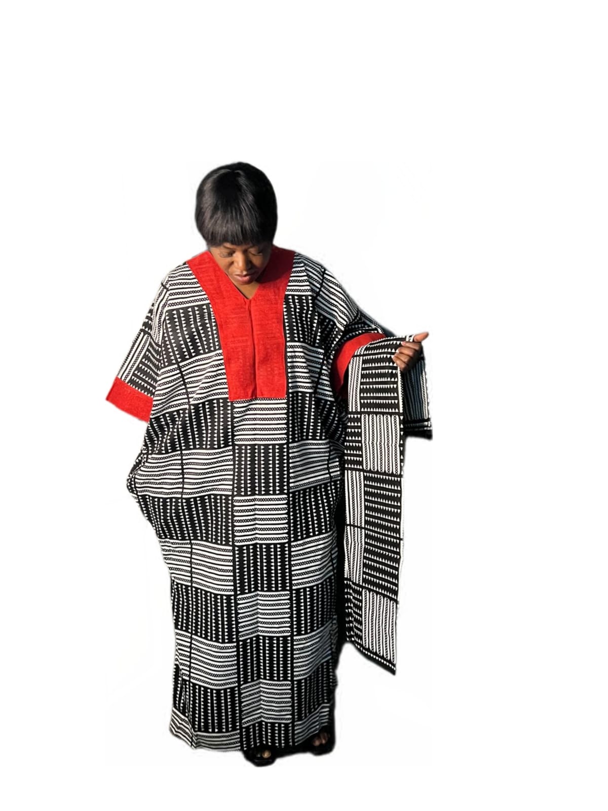 Ankara Boubou ready to wear white and black ankara pure cotton mix with red aso oke