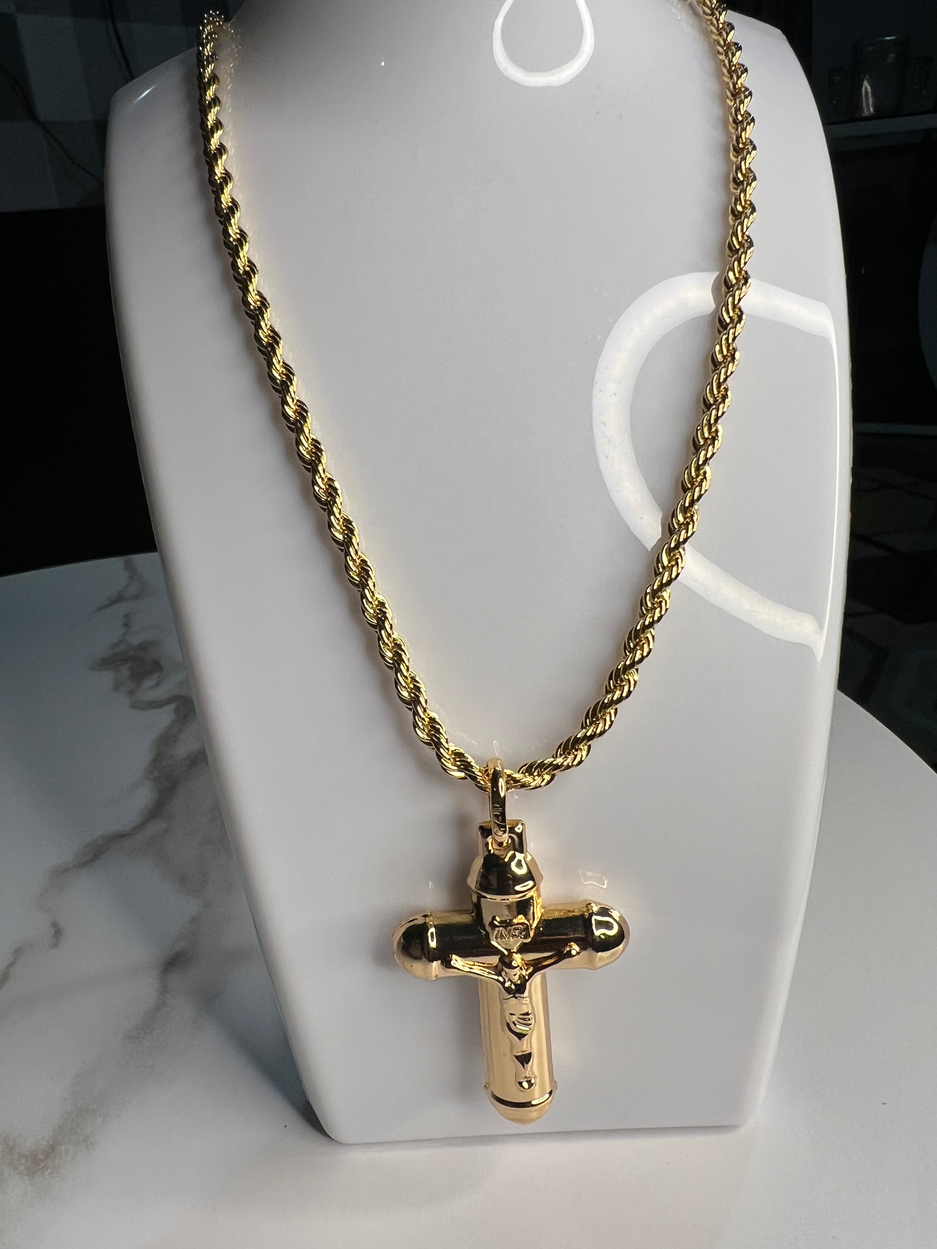 Twisted Romania Unisex Gold Necklace with Bold Cross Pendant 20" Fade Free