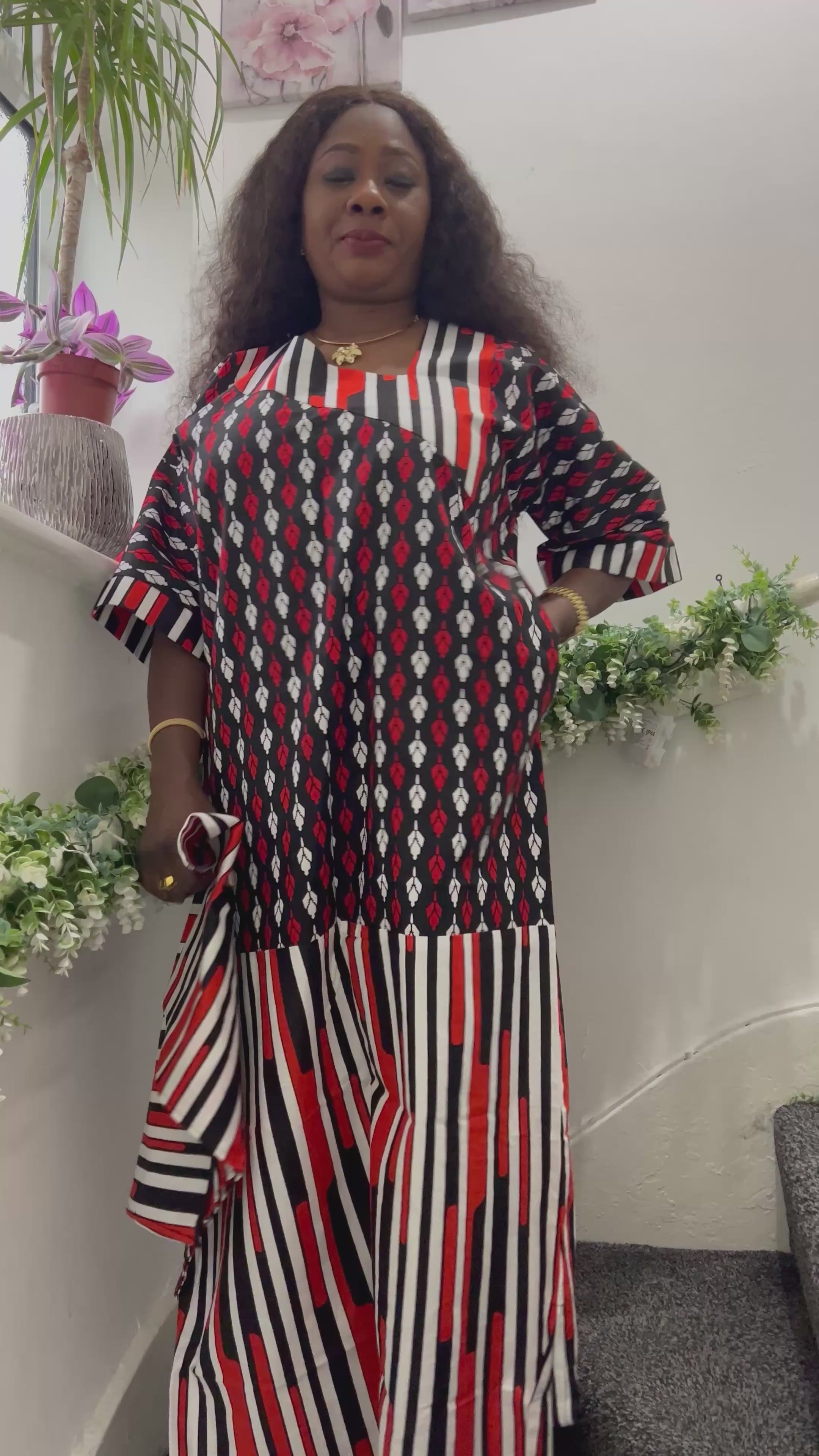African Ankara High Target Kaftan - Red, White & Black - UK Size 10/12/14